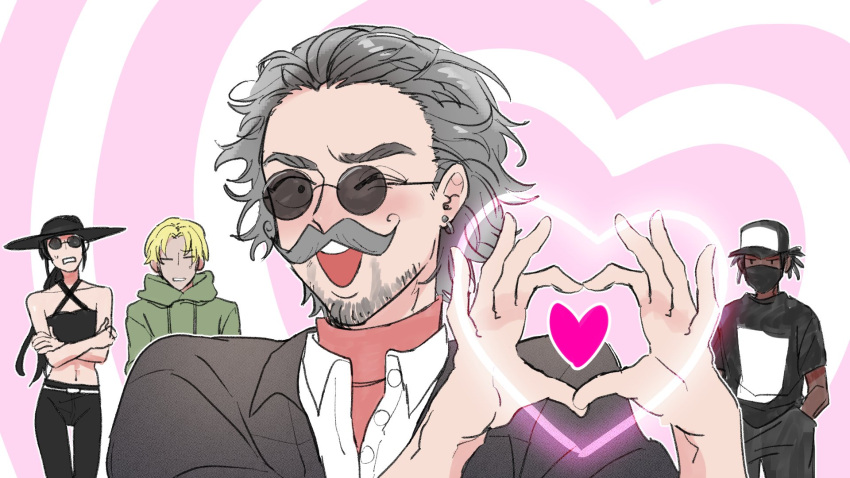 1girl, 3boys, ;d, baseball_cap, beard, black_hair, black_hat, black_mask