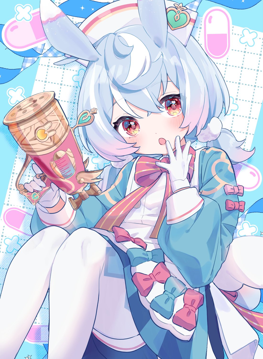 1girl, :o, animal_ears, apron, aqua_bow, aqua_shirt, black_shorts, blue_background