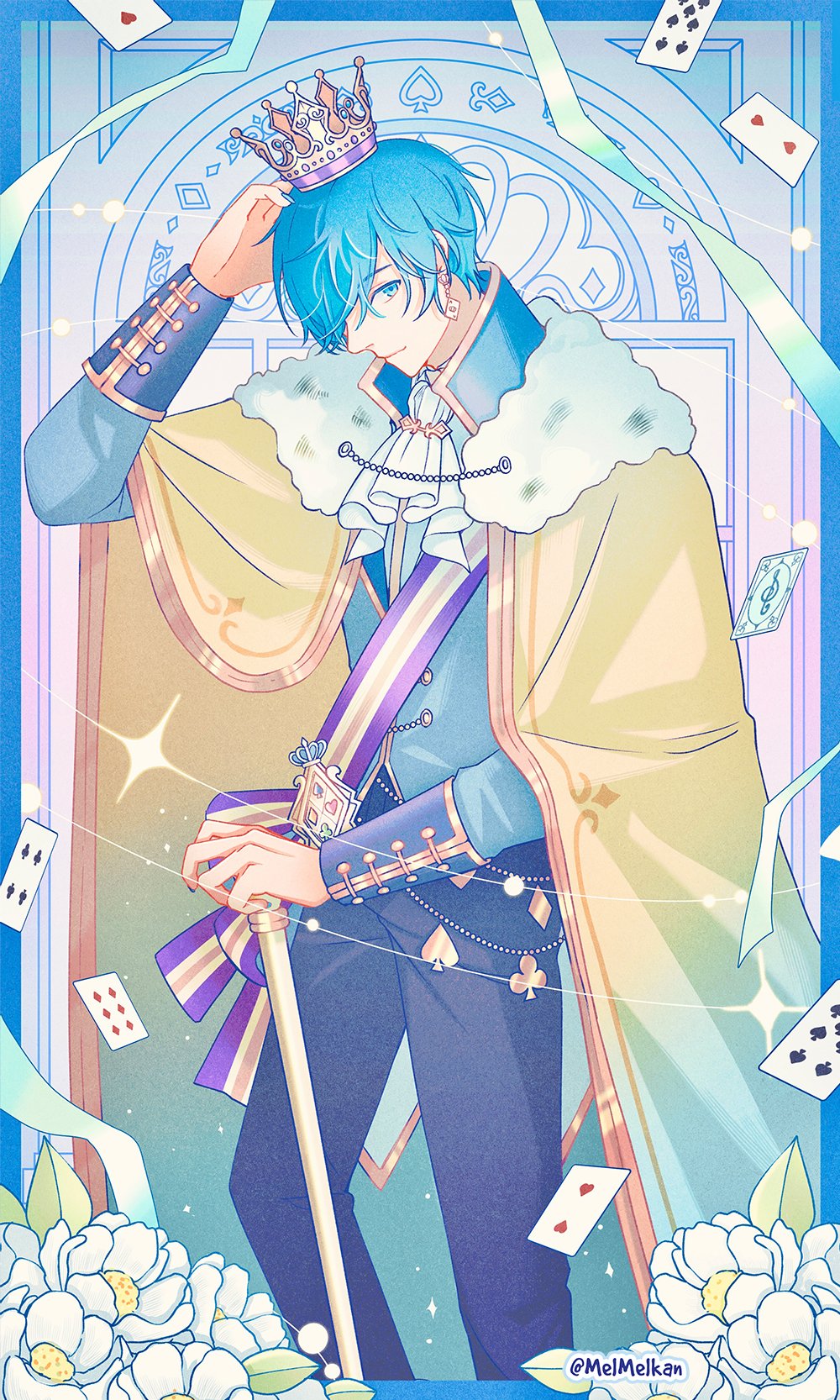 1boy, arm_up, ascot, black_pants, blue_eyes, blue_hair, blue_nails, camellia