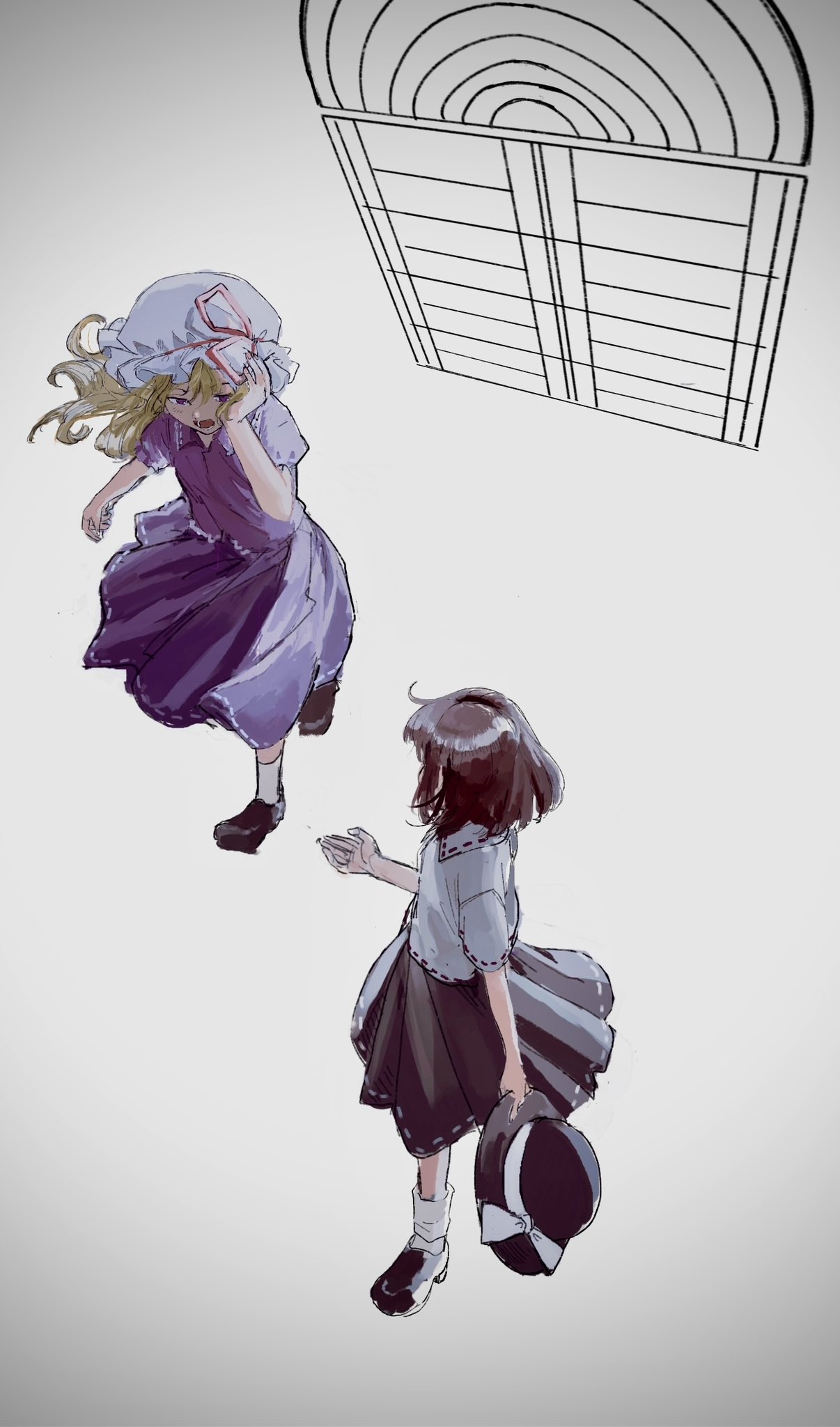 2girls, black_capelet, blonde_hair, bow, brown_hair, capelet, door, dress