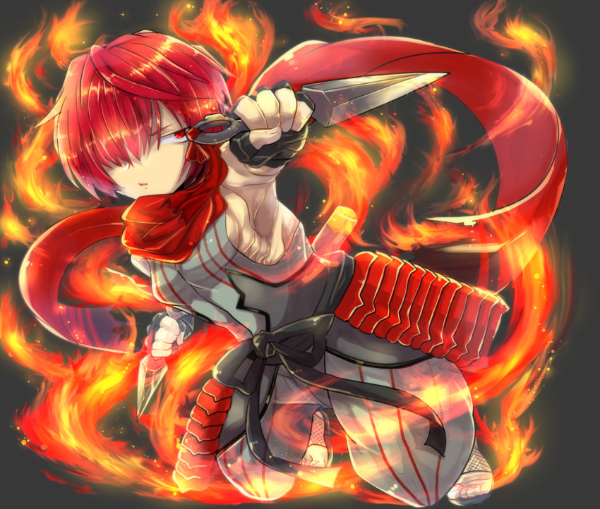 1boy, bad_anatomy, black_gloves, dual_wielding, fate/grand_order, fate_(series), fire, fishnet_footwear