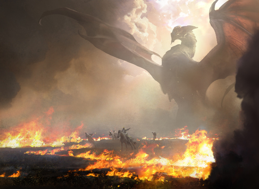 animal_focus, burning, commentary, day, dragon, english_commentary, fantasy, field