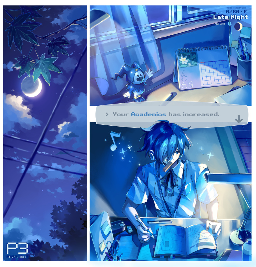 1boy, absurdres, black_ribbon, blue_theme, border, calendar_(object), curtains, english_text