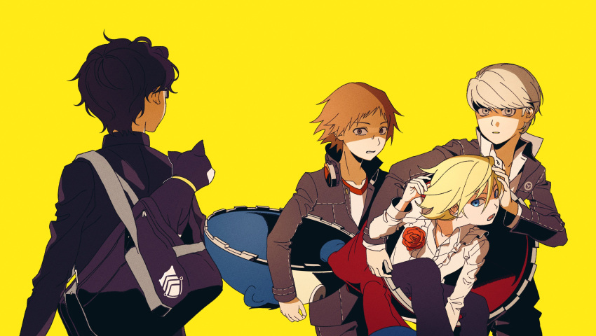4boys, absurdres, amamiya_ren, bag, black_hair, black_jacket, black_pants, blonde_hair, blue_eyes, brown_hair, cat, dress_shirt, glasses, goyangcat1, grey_eyes, grey_hair, hanamura_yousuke, headphones, headphones_around_neck, highres, jacket, kuma_(persona_4), long_sleeves, male_focus, mascot_costume, morgana_(persona_5), multiple_boys, narukami_yuu, pants, persona, persona_4, persona_5, shaded_face, shirt, white_shirt, yellow_background