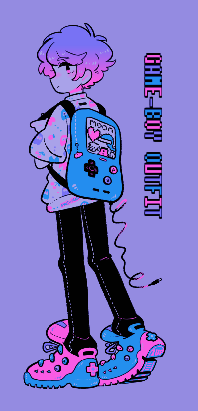 1boy, blinky_(pac-man), cherry, copyright_name, food, fruit, game_boy, handheld_game_console