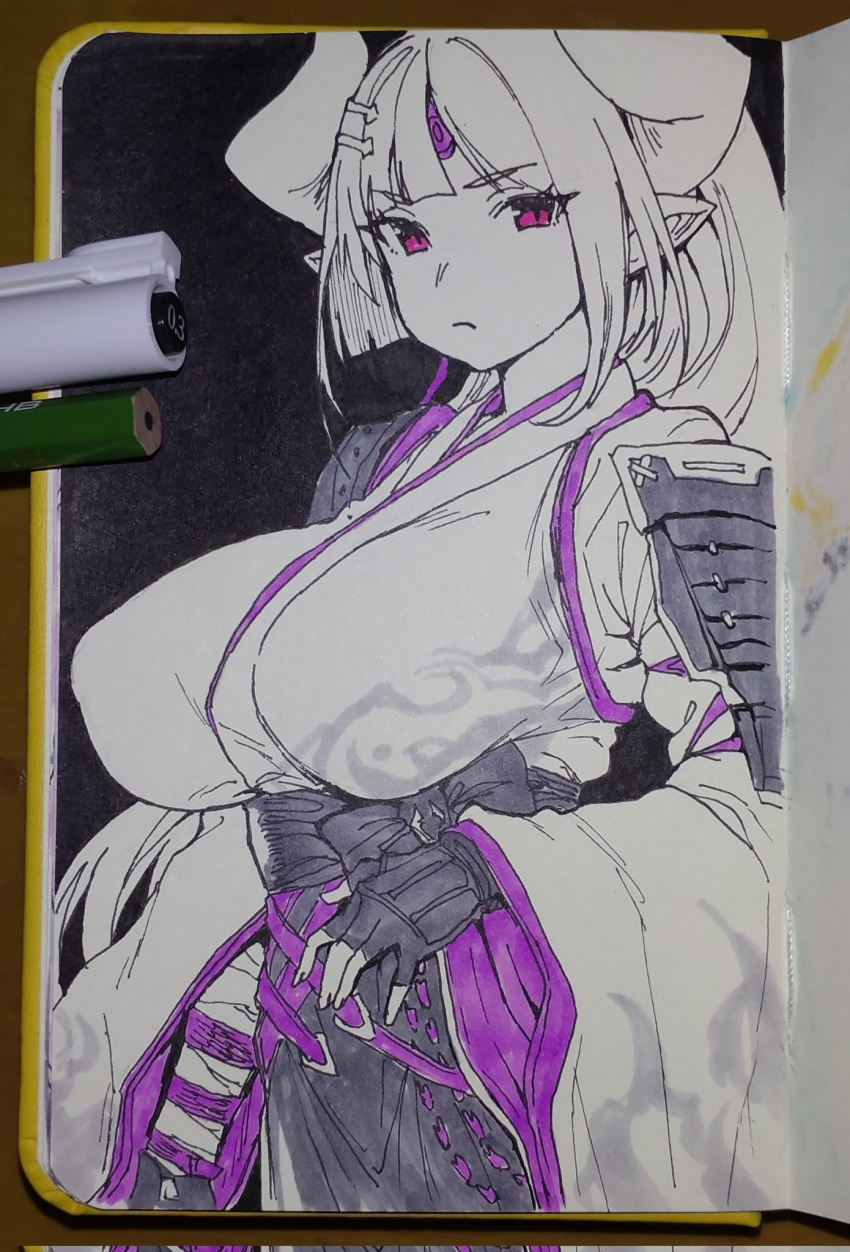 azusa_(granblue_fantasy), bandaged_hand, bandages, black_hakama, braid, braided_ponytail, breasts, draph