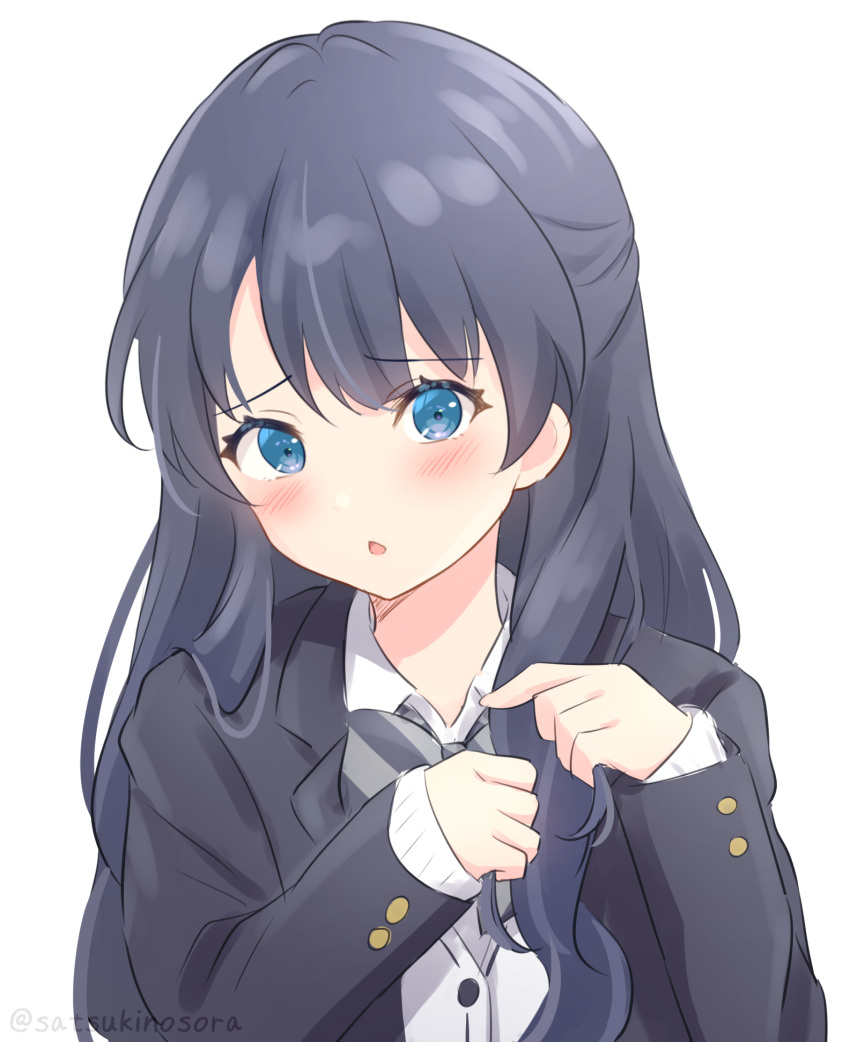1girl, black_jacket, blazer, blue_eyes, blue_hair, blush, bow, bowtie