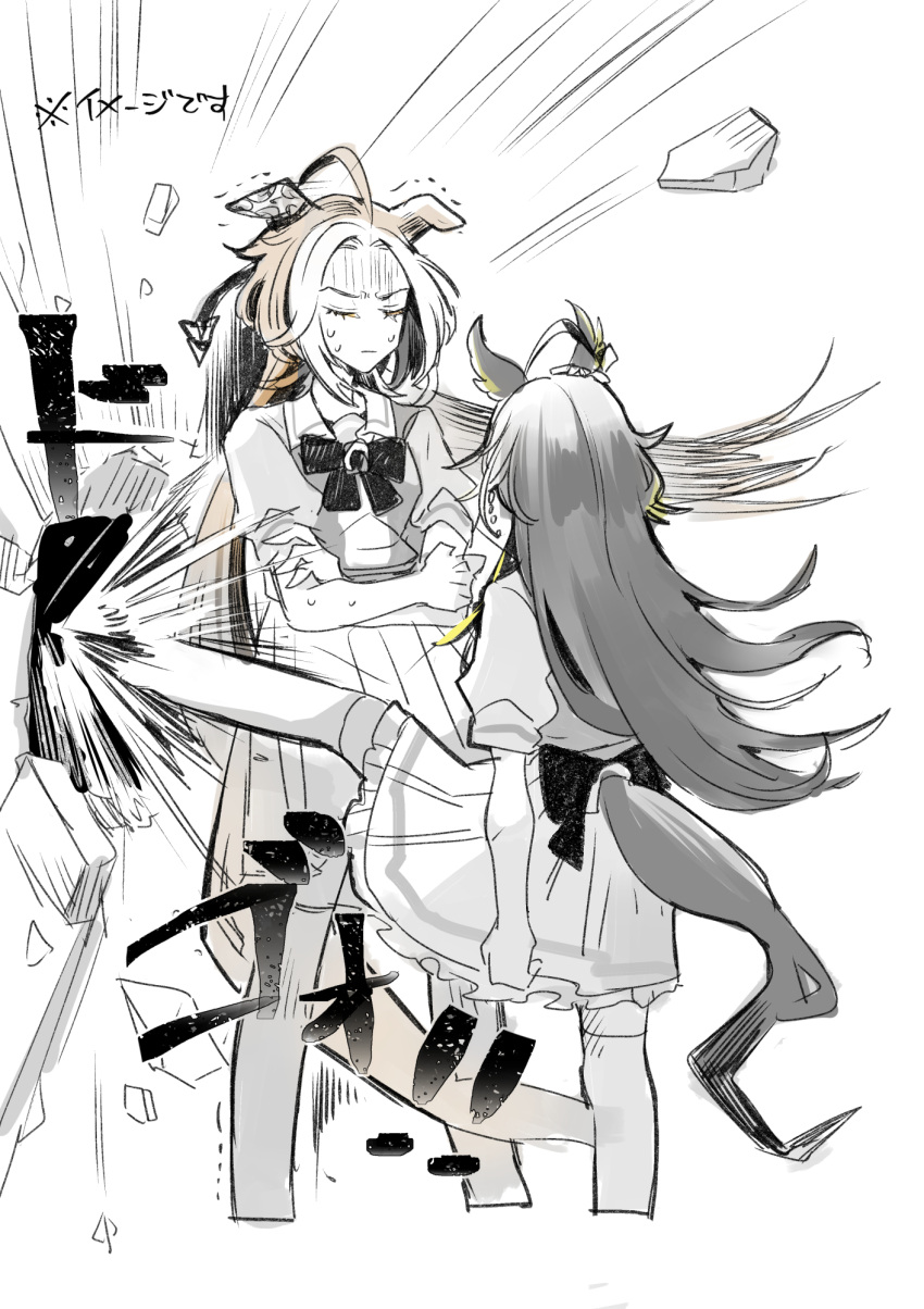 2girls, animal_ears, back_bow, blonde_hair, bow, bowtie, commentary_request, crossed_arms