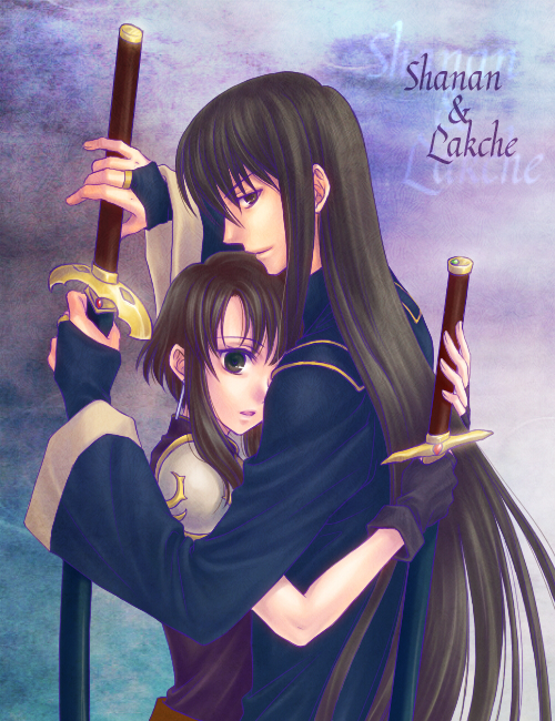 black_hair, cousins, fingerless_gloves, fire_emblem, fire_emblem:_seisen_no_keifu, gloves, grey_eyes, hug