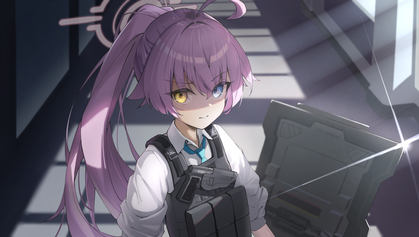 1girl, absurdres, ahoge, black_vest, blue_archive, blue_eyes, blue_necktie, closed_mouth