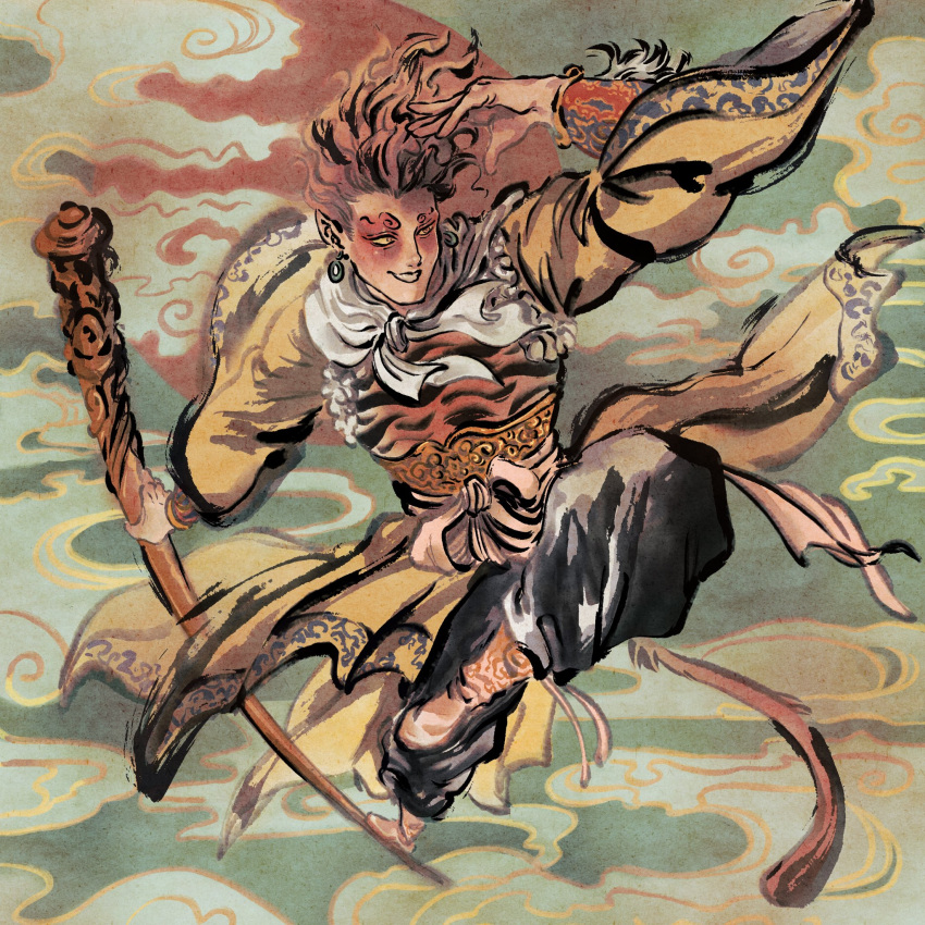 1boy, 4_virgin, arm_up, baggy_pants, black_pants, boots, colored_sclera, commentary_request