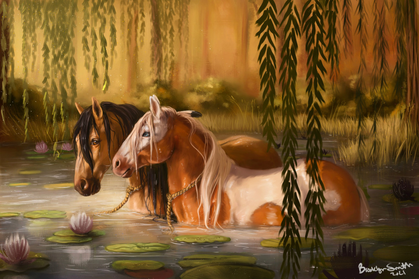 absurdres, black_hair, blue_eyes, brown_fur, couple, dated, feather_hair_ornament, feathers, hair_ornament, hetero, highres, horse, lily_pad, mikrenart, no_humans, partially_submerged, rain_(spirit:_stallion_of_the_cimarron), realistic, rope_around_neck, signature, spirit:_stallion_of_the_cimarron, spirit_(spirit:_stallion_of_the_cimarron), two-tone_fur, wet, wet_hair, white_fur, white_hair, yellow_fur