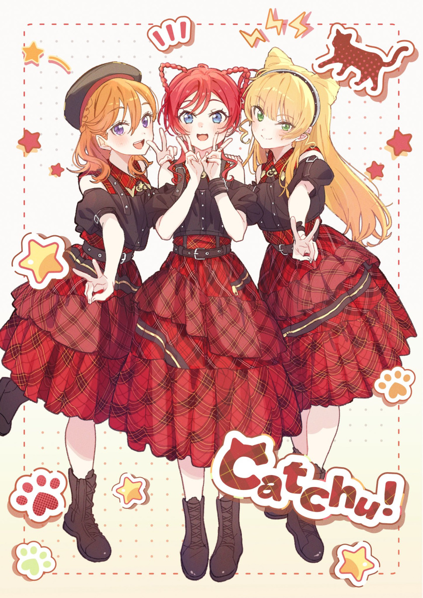 3girls, :3, animal_hands, ban_(one_ban7241), beret, black_hat, blonde_hair, blue_eyes