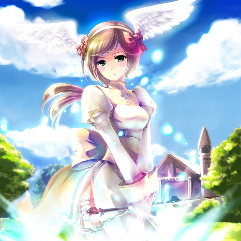 blush, breasts, brown_hair, cross, dress, green_eyes, head_wings, high_priest
