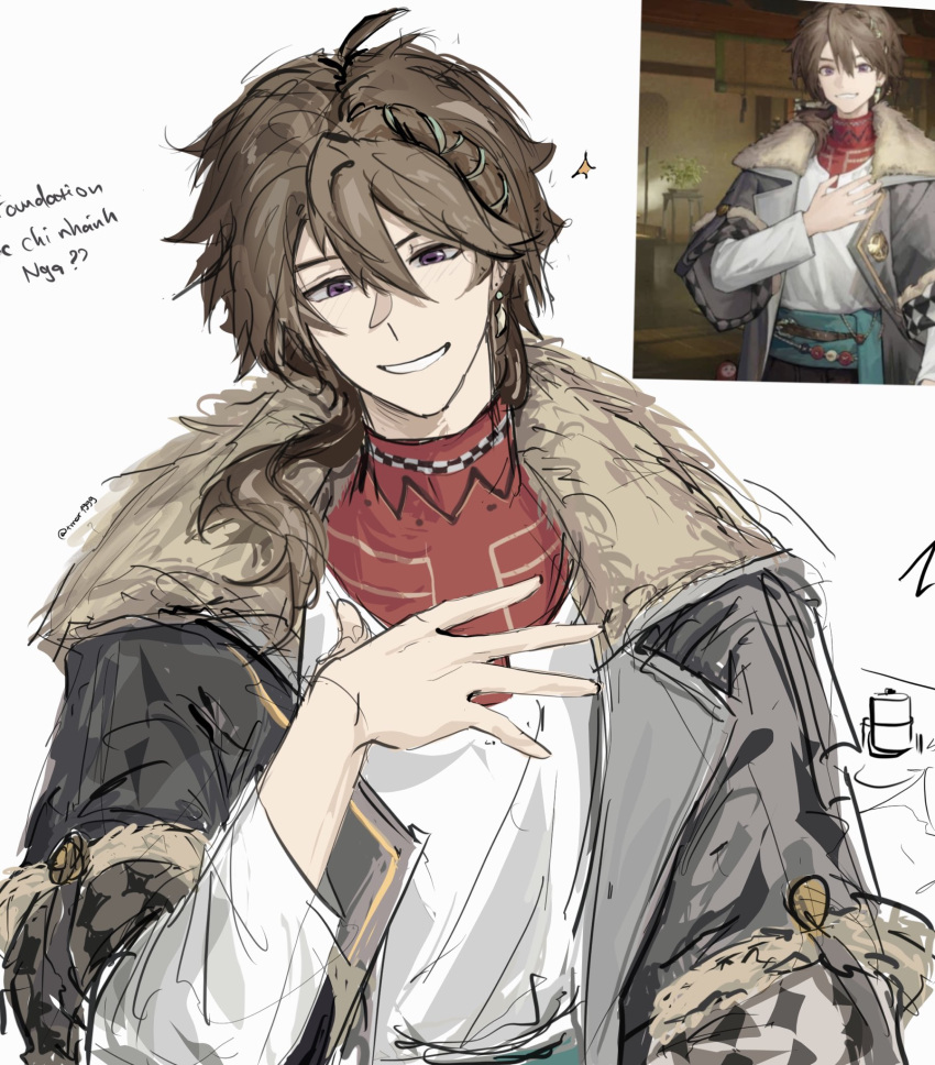 1boy, brown_hair, coat, fur-trimmed_coat, fur_trim, grey_coat, grin, hair_over_shoulder