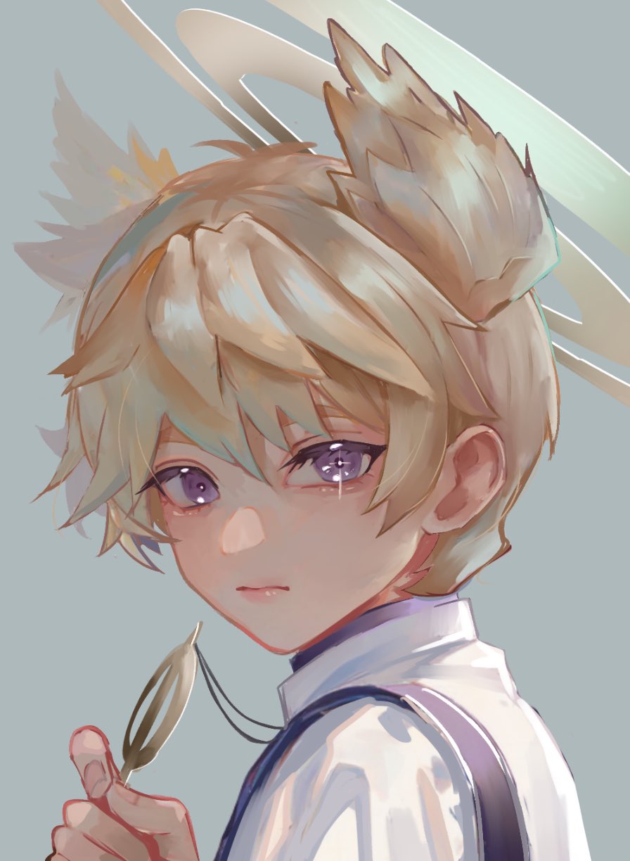 1boy, blonde_hair, blue_eyes, closed_mouth, double_halo, grey_background, hair_wings, halo