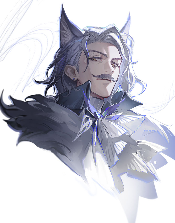 1boy, animal_ear_fluff, animal_ears, arknights, cat_boy, cat_ears, commentary, cropped_shoulders, earrings, extra_ears, facial_hair, from_below, harold_(arknights), jacket, jewelry, kang_yiqian_(self_cultivation), looking_at_viewer, male_focus, mustache, parted_lips, portrait, purple_hair, shirt, sideways_glance, simple_background, smile, symbol-only_commentary, white_background, white_shirt, yellow_eyes