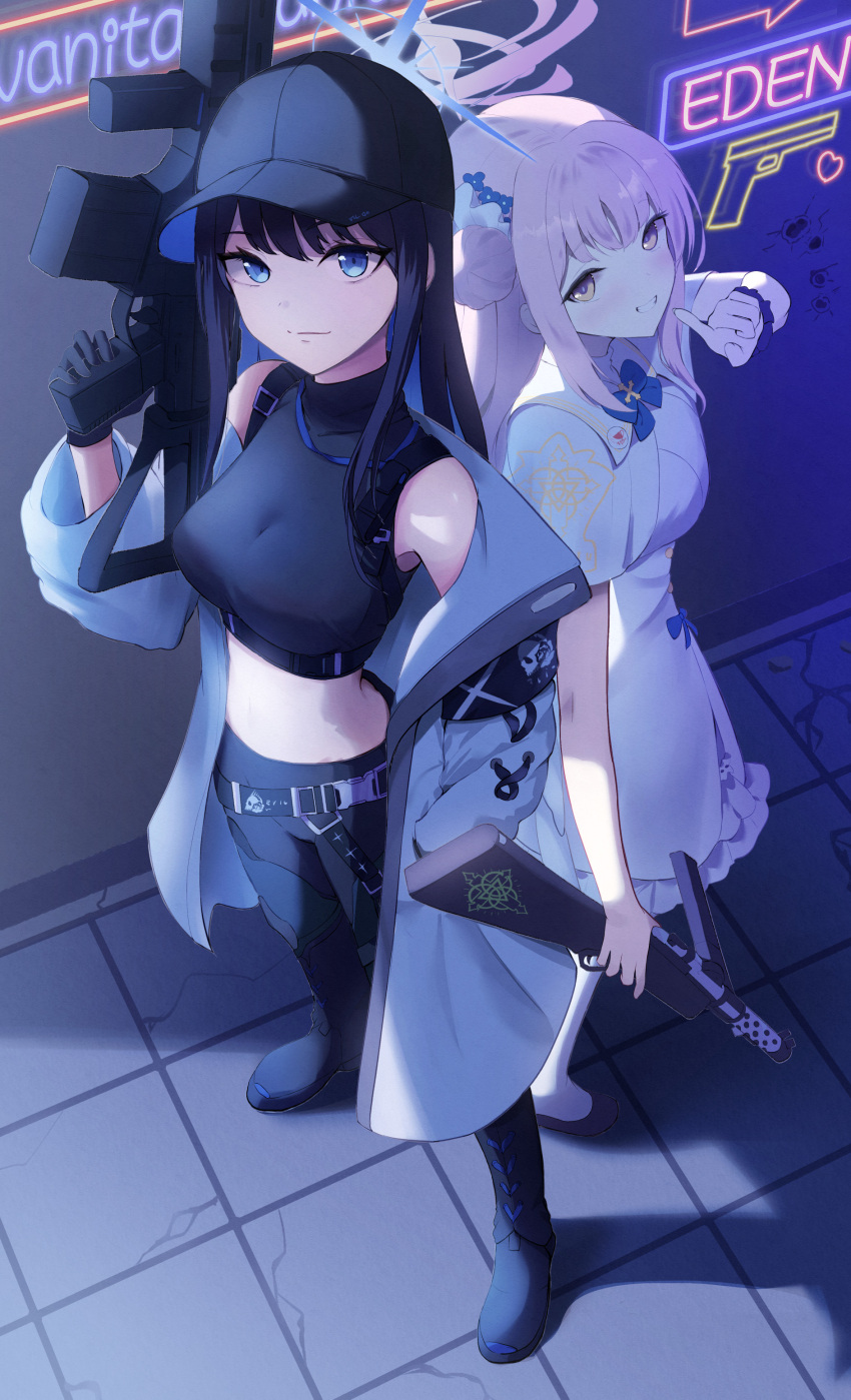 2girls, absurdres, angel_wings, aoto_mei, baseball_cap, black_footwear, black_hair, black_hat