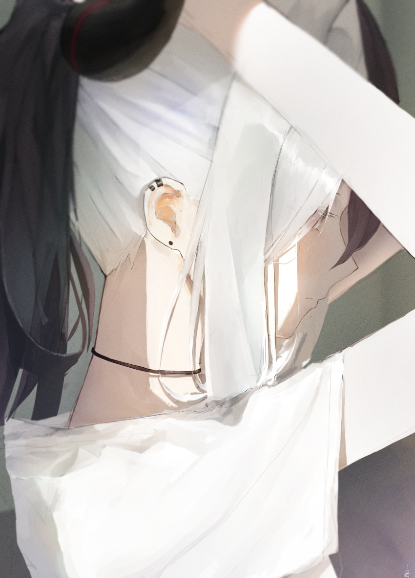 1girl, absurdres, adjusting_hair, black_hair, black_horns, blue_archive, blush, demon_horns
