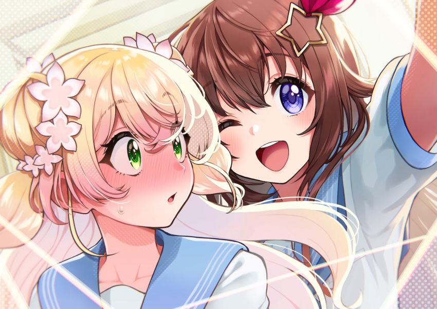 2girls, :d, @-you_(you_2023_8_16), arm_up, blonde_hair, blue_eyes, blue_neckerchief, blue_sailor_collar