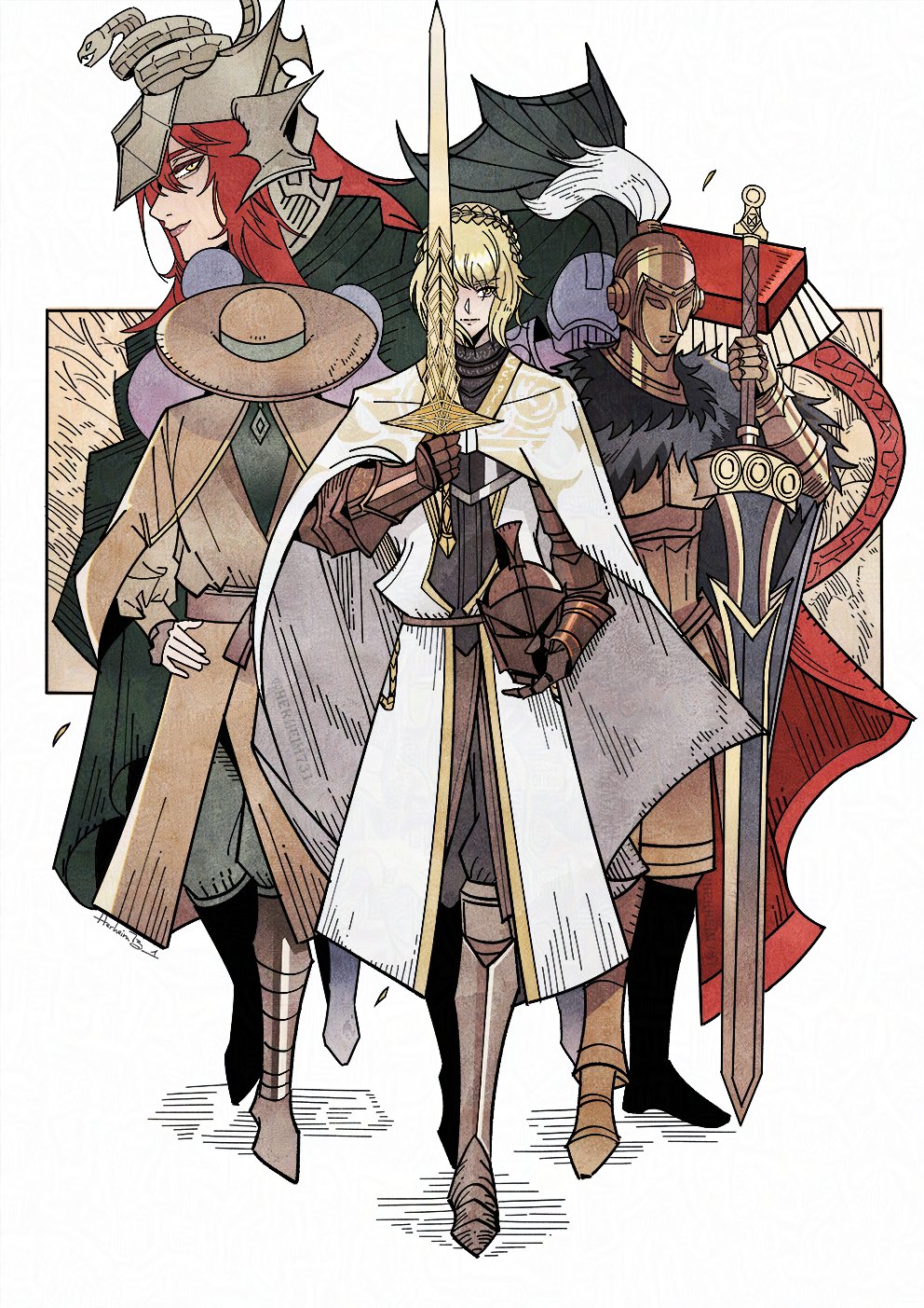 2boys, 2girls, armor, blonde_hair, braid, brown_capelet, cape, capelet
