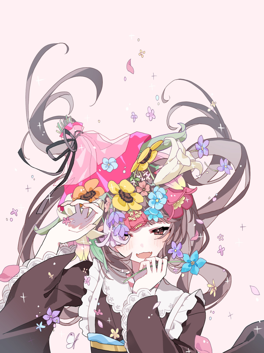 1girl, 393_kani_(sakusa_kani), :d, absurdres, animal_ears, apron, blush, bouquet