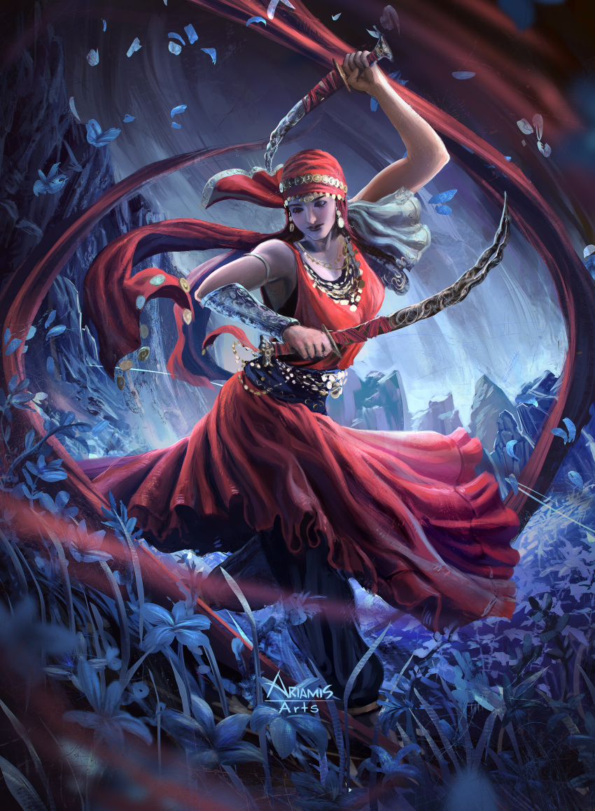 1girl, absurdres, ariamis_arts, artist_name, blue_flower, closed_eyes, closed_mouth, commentary, dagger, dancer, dancer_of_ranah, dual_wielding, elden_ring, english_commentary, field, flower, flower_field, full_body, highres, holding, holding_dagger, holding_knife, holding_weapon, knife, red_lips, red_skirt, skirt, solo, twitter_username, weapon