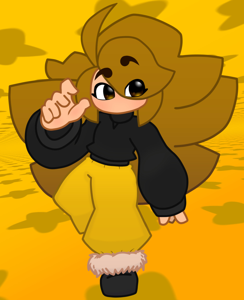 1girl, absurdres, big_hair, black_footwear, black_sweater, blonde_hair, blush, boots