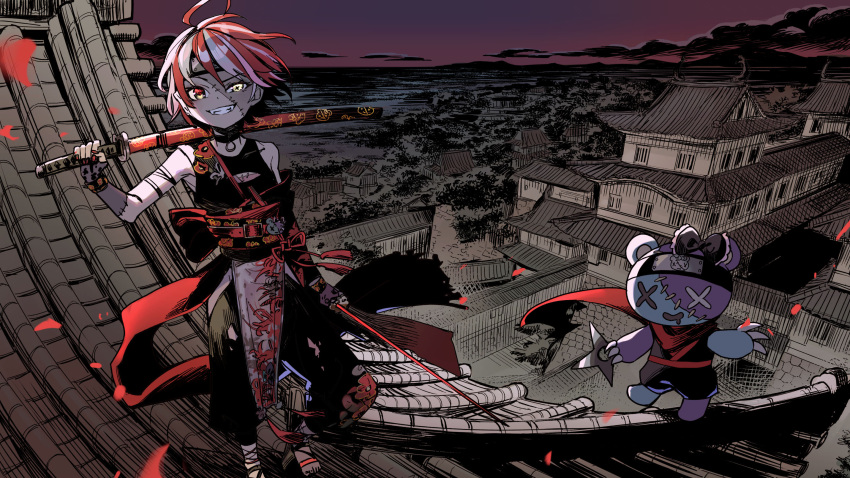 1girl, architecture, arm_up, baggy_pants, black_kimono, black_pants, city, dual_wielding, east_asian_architecture, fangs, full_body, grin, hashtag-only_commentary, highres, hip_vent, holding, holding_sword, holding_weapon, hololive, hololive_indonesia, japanese_clothes, katana, kimono, kureiji_ollie, kureiji_ollie_(new_year), kyo_mizusawa, long_sleeves, looking_at_viewer, multicolored_hair, obi, obiage, obijime, on_roof, outdoors, over_shoulder, pants, pelvic_curtain, pink_hair, purple_sky, redhead, sash, sheath, sheathed, short_hair, single_sleeve, sky, smile, solo, standing, stitches, streaked_hair, stuffed_animal, stuffed_toy, sword, teddy_bear, udin_(kureiji_ollie), weapon, weapon_over_shoulder, wide_sleeves, zombie