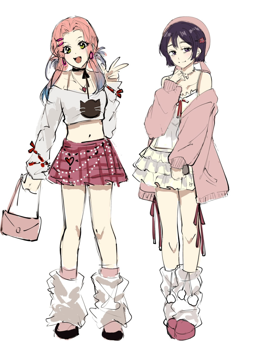 2girls, alien_stage, bag, beret, black_eyes, black_hair, closed_mouth, dress, erriol_256, full_body, hand_up, hat, highres, holding, holding_bag, jacket, long_hair, low_twintails, mizi_(alien_stage), multiple_girls, off-shoulder_sweater, off_shoulder, pink_bag, pink_hat, pink_jacket, pink_skirt, plaid_clothes, plaid_skirt, short_hair, skirt, smile, sua_(alien_stage), sweater, twintails, very_long_hair, white_dress, white_leg_warmers, white_sweater