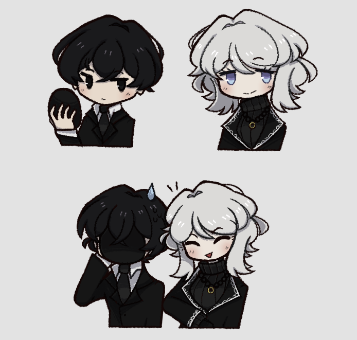 1boy, 1girl, angelica_(project_moon), angelica_(project_moon)_(cosplay), black_eyes, black_hair, black_necktie, black_sweater