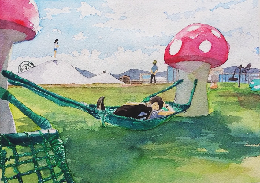 1girl, 2boys, closed_eyes, concrete, giant_mushroom, hammock, jungle_gym, lying