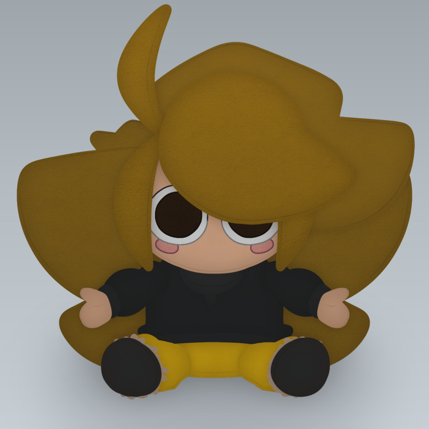 1girl, big_hair, big_head, black_footwear, black_sweater, blonde_hair, blush, boots