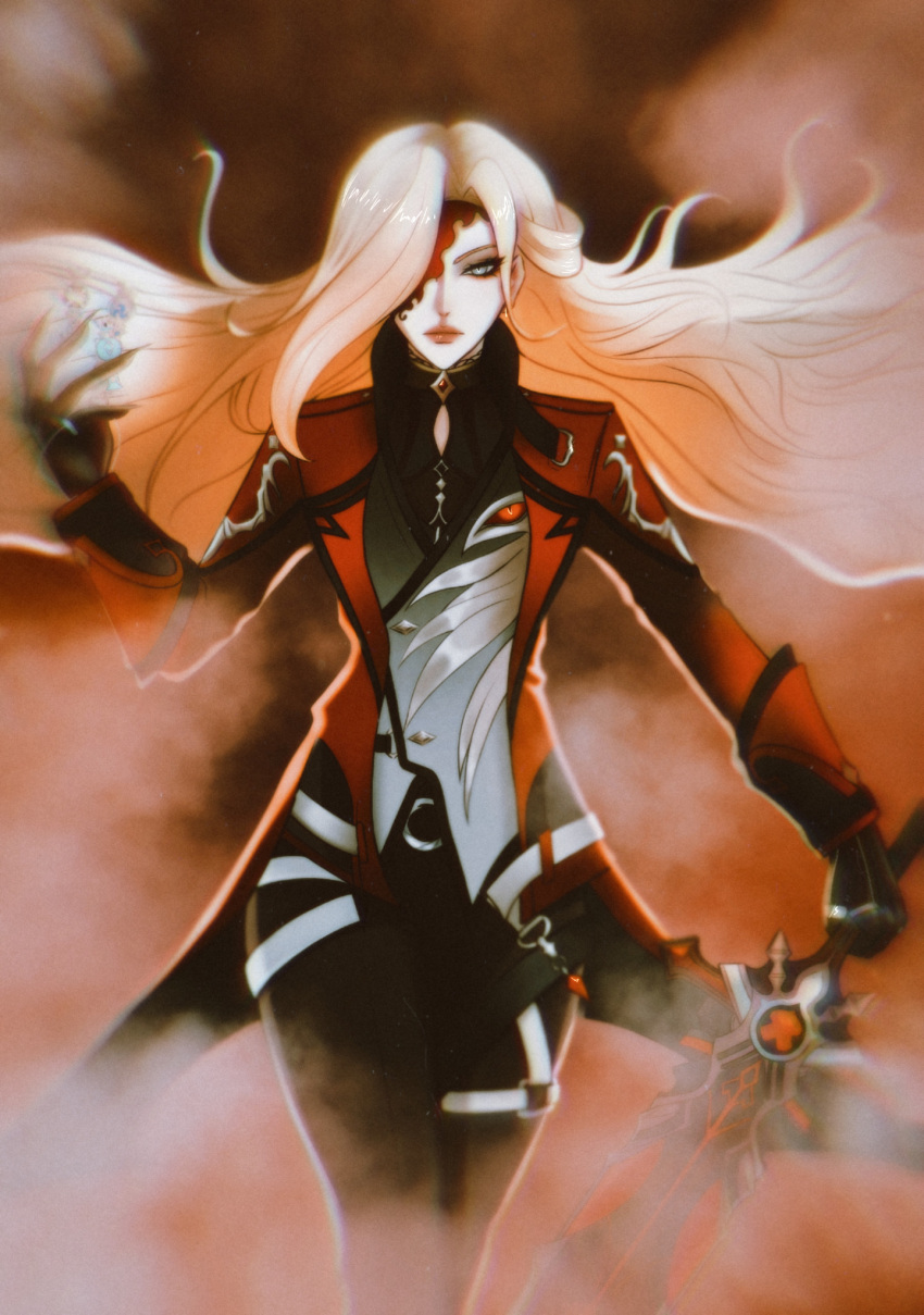 1girl, 7villian7, alternate_costume, black_gloves, blonde_hair, blue_eyes, coat, cosplay, diluc_(genshin_impact), diluc_(red_dead_of_night)_(genshin_impact), diluc_(red_dead_of_night)_(genshin_impact)_(cosplay), eyepatch, genshin_impact, gloves, gnosis_(genshin_impact), greatsword, grey_vest, highres, holding, holding_gnosis, holding_sword, holding_weapon, long_hair, long_sleeves, one_eye_covered, pants, red_coat, red_lips, signora_(genshin_impact), solo, sword, upper_body, vest, weapon, wolf's_gravestone_(genshin_impact)