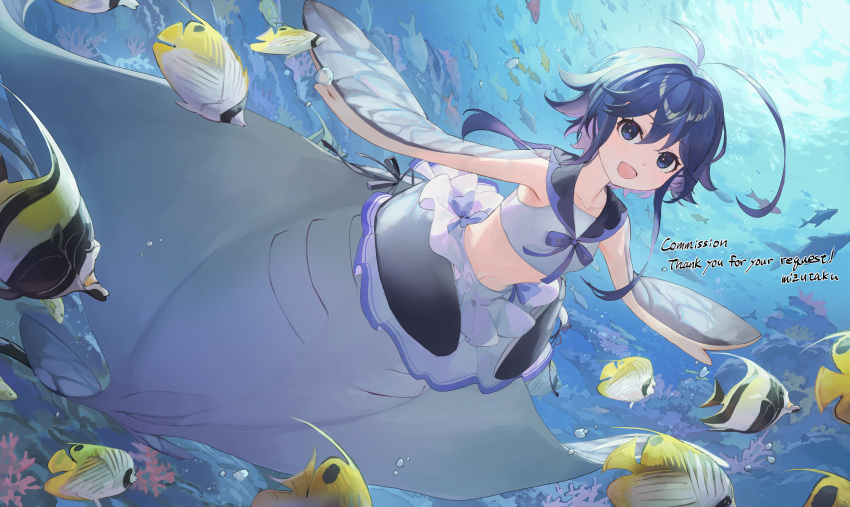 1girl, absurdres, animal, black_sailor_collar, blue_background, blue_eyes, blue_hair, commentary_request