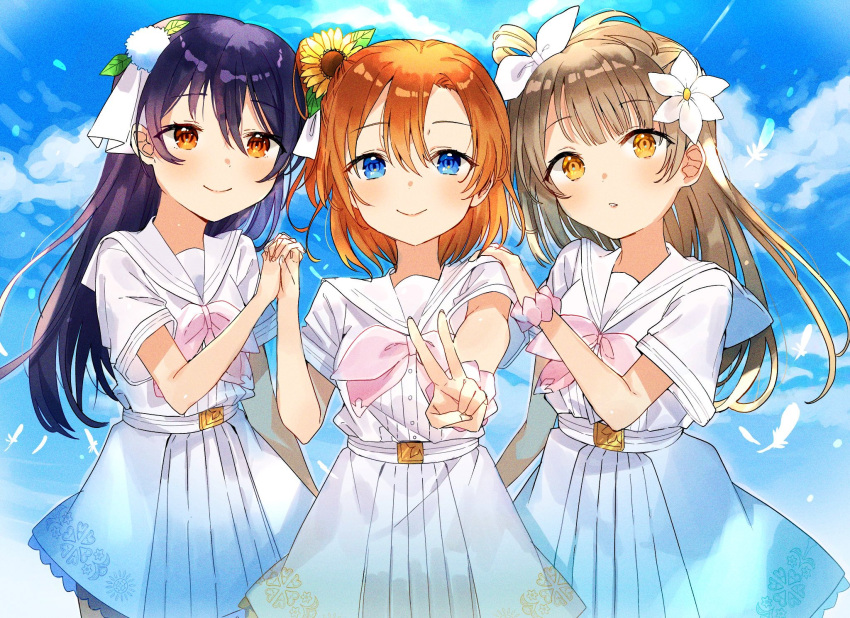 3girls, a_song_for_you!_you?_you!!, ban_(one_ban7241), blue_eyes, blue_hair, blue_sky, blunt_bangs, blush