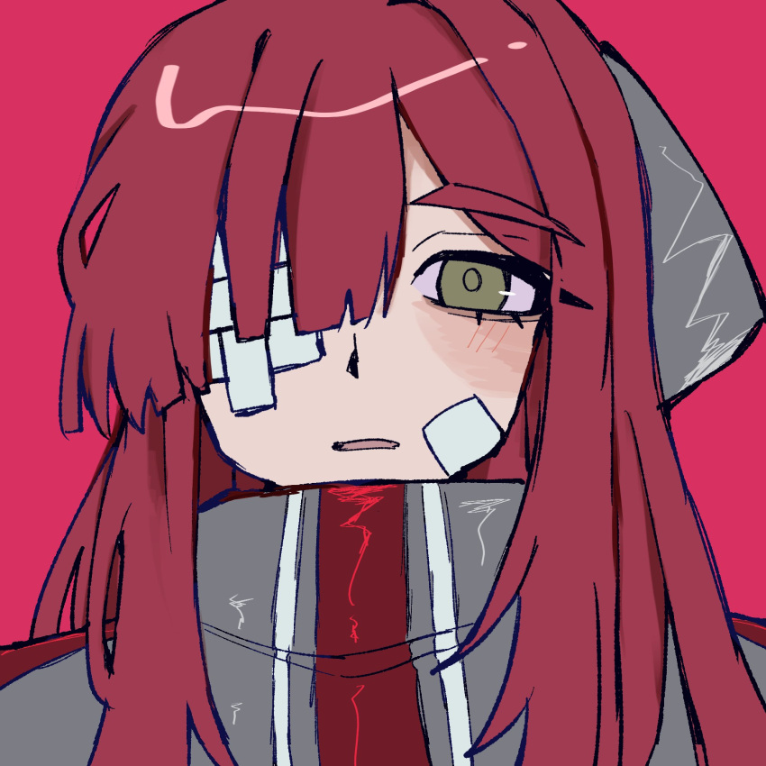 1444tmt, 1girl, bandaid, bandaid_on_face, blush, bow, gauze_over_eye, grey_bow