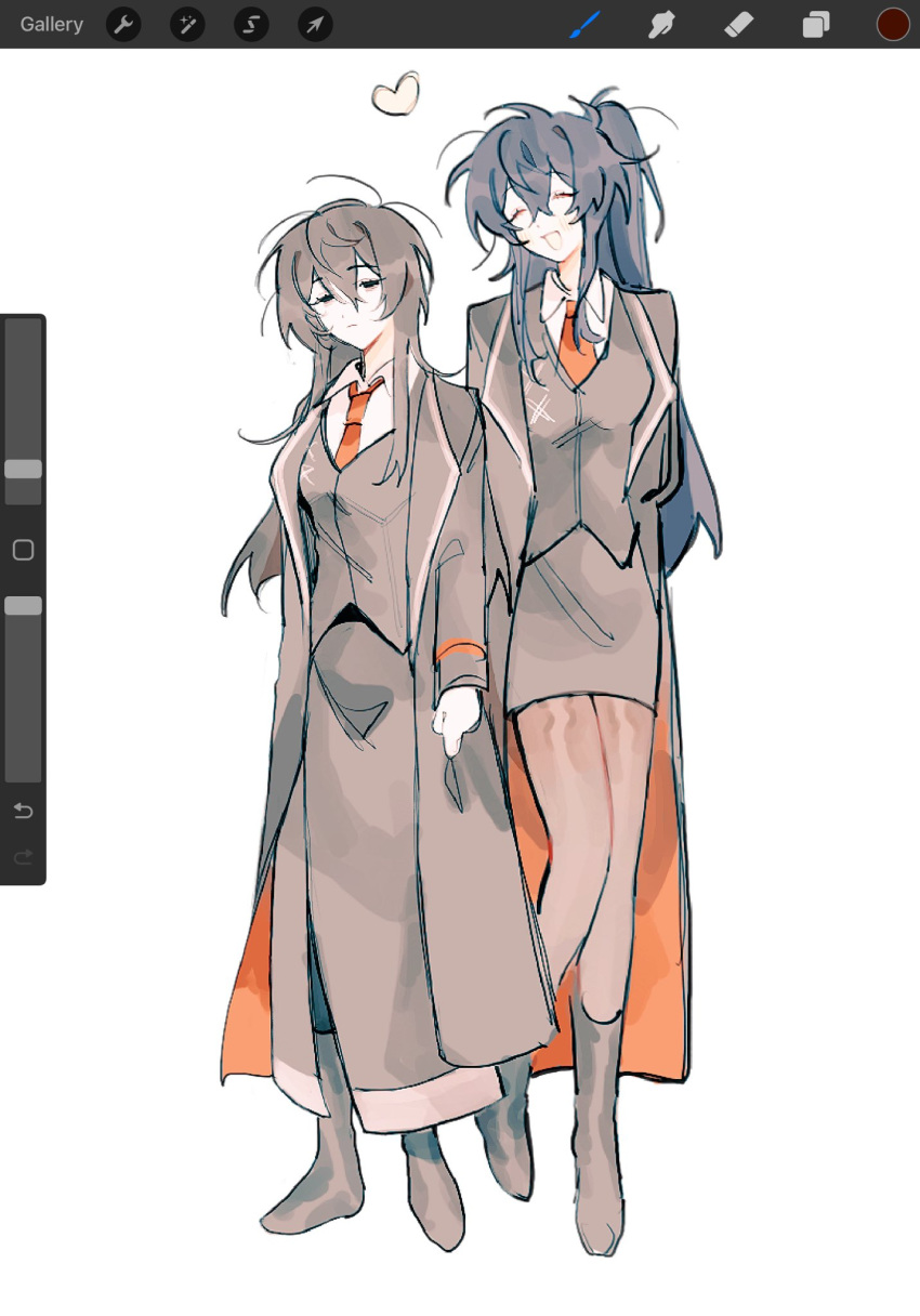 2girls, akechisu1, art_program_in_frame, black_hair, black_skirt, closed_eyes, full_body, genderswap
