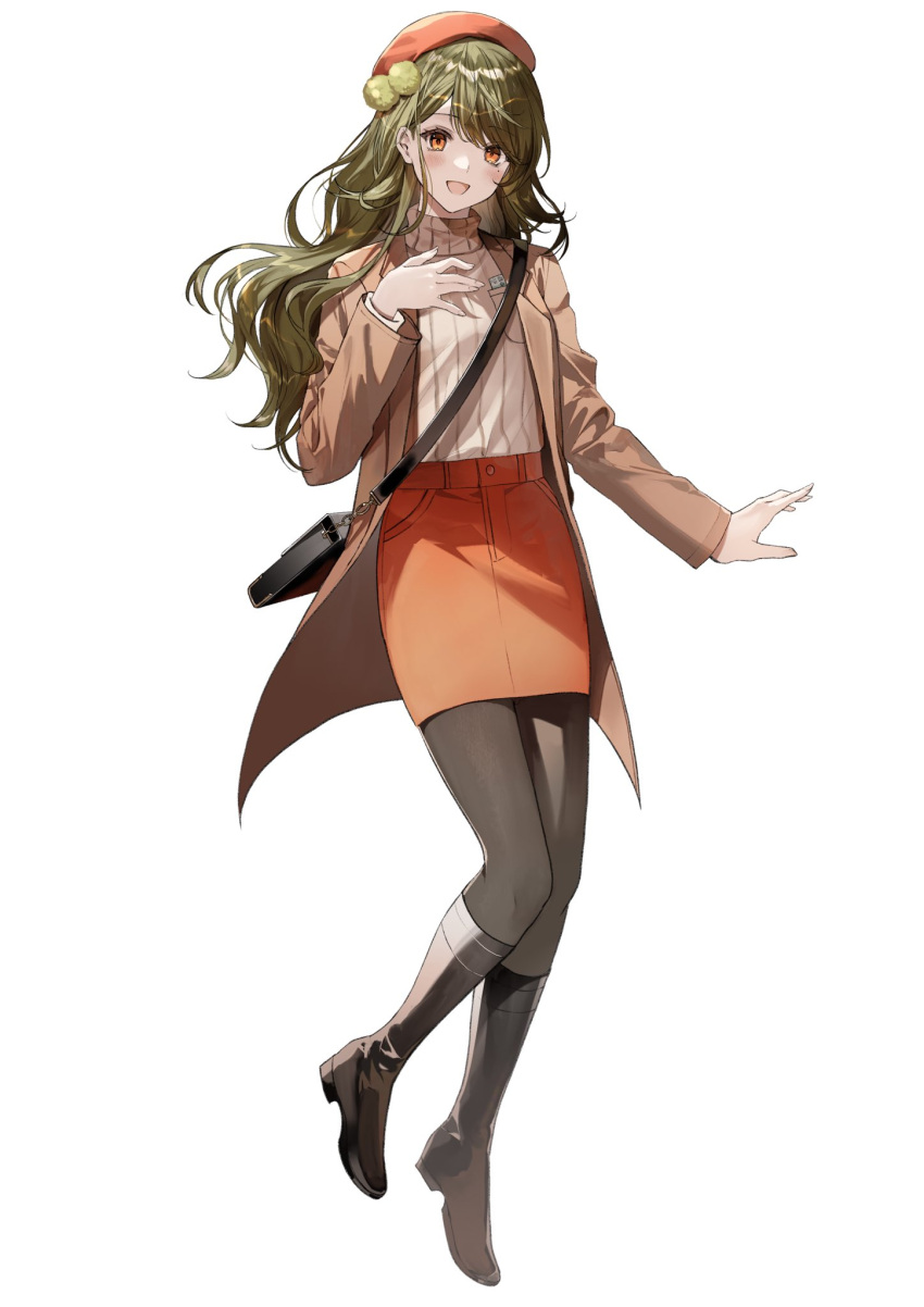 1girl, :d, bag, beret, black_pantyhose, blush, boots, brown_jacket, full_body, green_hair, hat, highres, indie_virtual_youtuber, jacket, knee_boots, kuga_huna, long_hair, long_sleeves, looking_at_viewer, makiba_carrot, open_clothes, open_jacket, open_mouth, orange_eyes, pantyhose, ribbed_sweater, shoulder_bag, simple_background, skirt, smile, solo, sweater, turtleneck, turtleneck_sweater, virtual_youtuber, white_background