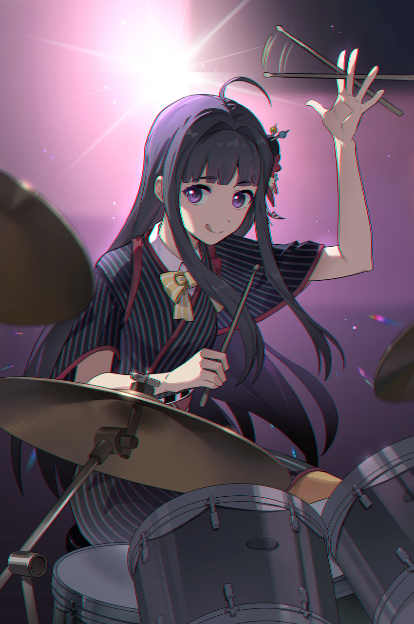 1girl, afterimage, ahoge, awa_subaru, black_hair, black_kimono, bow, bowtie