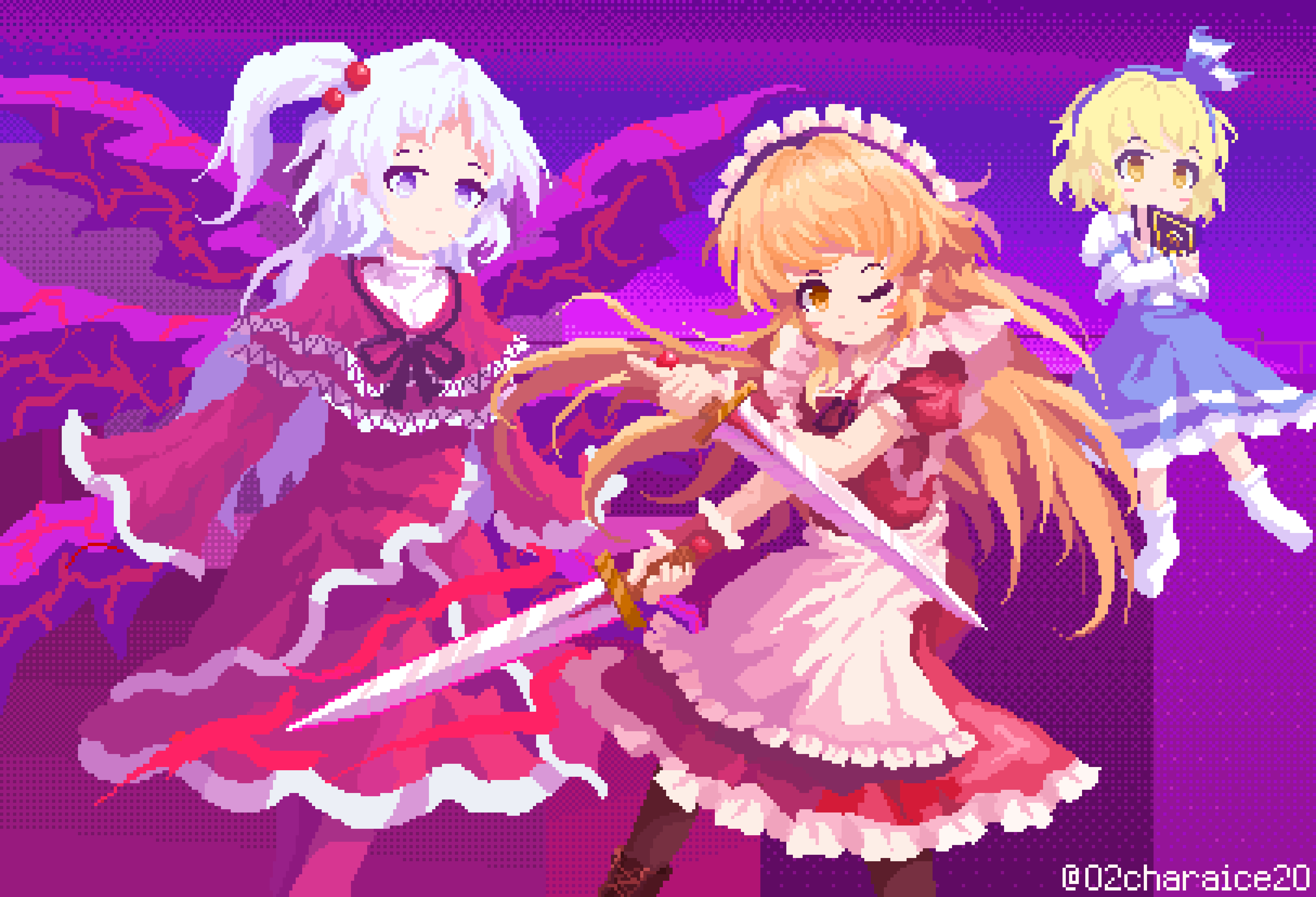 02charaice20, 3girls, abstract_background, absurdres, alice_margatroid, alice_margatroid_(pc-98), apron, blonde_hair