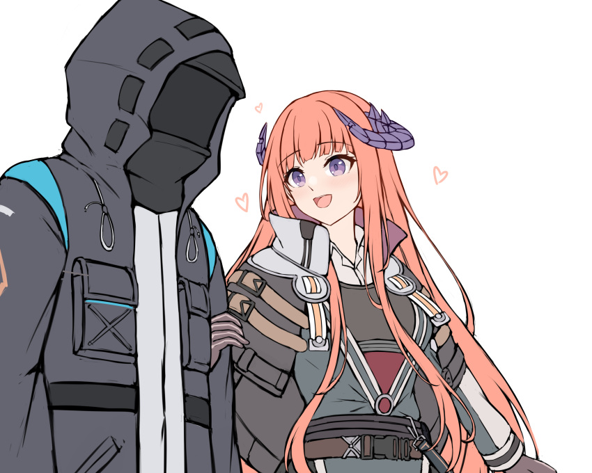 1girl, 1other, :d, absurdres, ambiguous_gender, arknights, belt, black_jacket