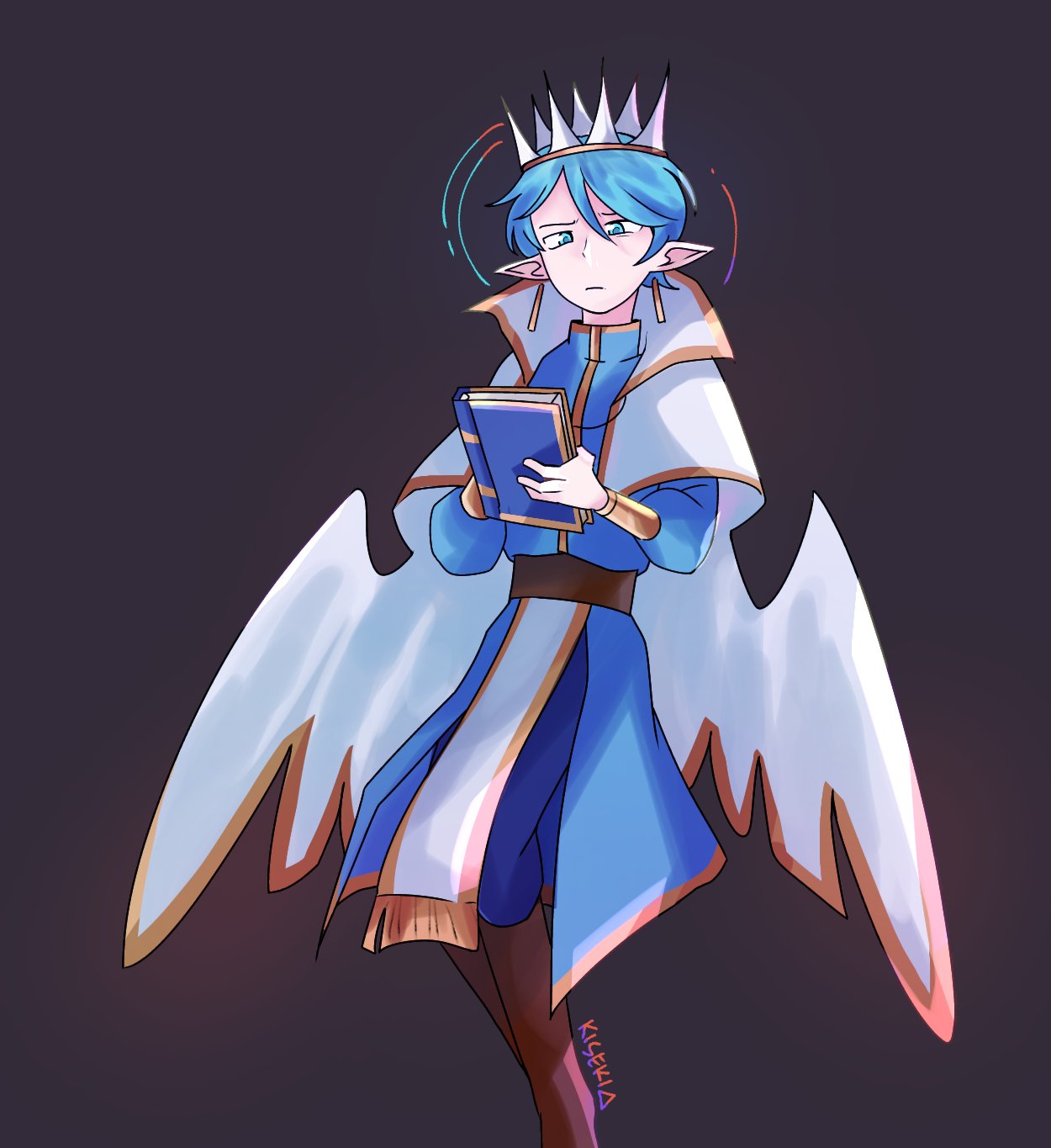 1boy, blue_eyes, blue_hair, book, boots, brown_footwear, cape, crown
