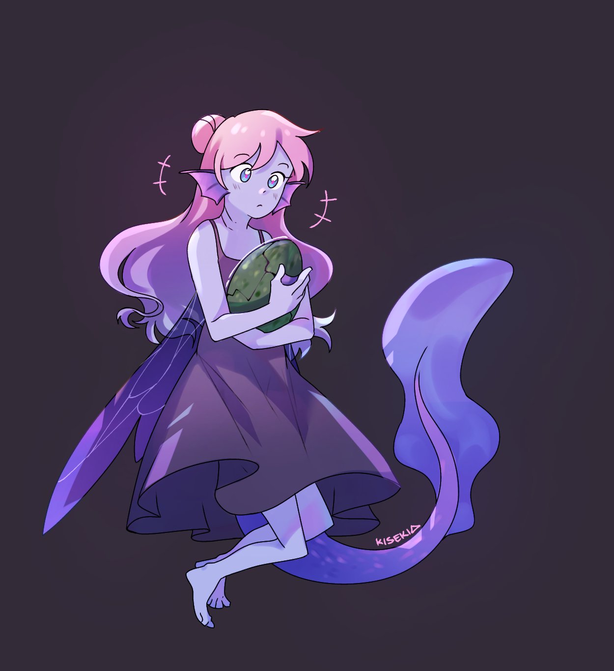 1girl, barefoot, blush, colored_skin, dress, egg, empires_smp, fins