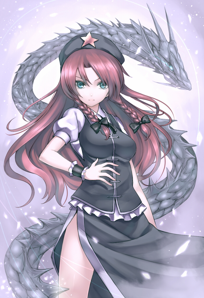 aqua_eyes, beret, bow, braid, dragon, eastern_dragon, ex-meiling, hair_bow