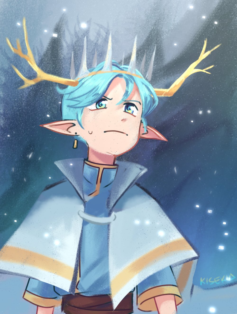 1boy, animification, antlers, blue_eyes, blue_hair, cape, crown, earrings