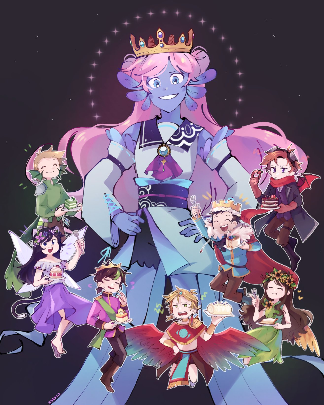 3girls, 5boys, adapted_costume, animification, axolotl_girl, bat_wings, bird_wings, cake