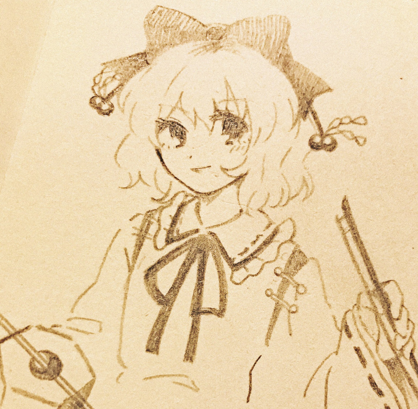 1girl, bow, bow_(music), closed_mouth, detached_sleeves, erhu, flat_chest, frilled_shirt_collar