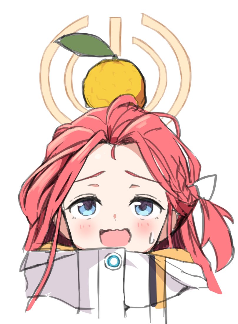 1girl, blue_archive, blue_eyes, food, food_on_head, forehead, fruit, fruit_on_head, halo, jacket, kirigakure_(iroiro_tsukauyo), long_hair, looking_up, name_connection, object_namesake, object_on_head, orange_halo, portrait, redhead, simple_background, solo, white_background, white_jacket, yuzu_(blue_archive), yuzu_(fruit)