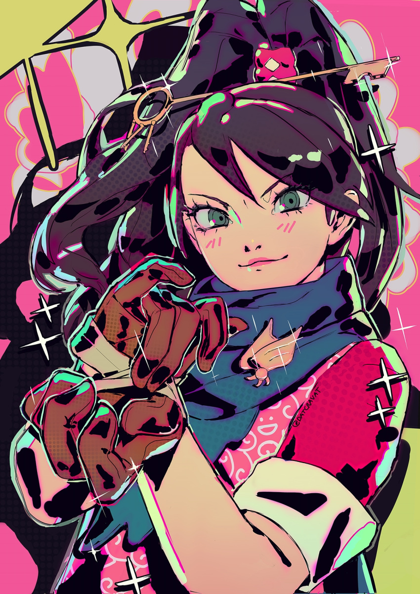 1girl, :3, ace_attorney, ace_attorney_investigations, ace_attorney_investigations_2, black_hair, blue_scarf, brooch